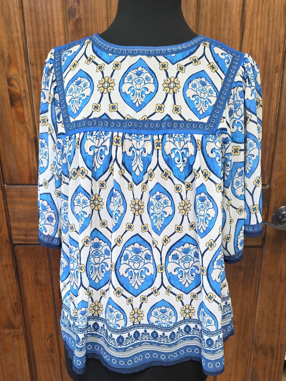 Flying Tomato Blue and White Printed Top with Pink Label